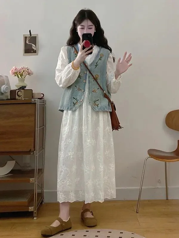 Elegant Embroidered Denim Vest And Dress Set Women's Fashion Slimming Two-Piece Spring 2026 Casual Style Polyester Fabric
Elegant Embroidered Denim Vest And Dress Set Women's Fashion Slimming Two-Piece Spring 2026 Casual Style Polyester Fabric