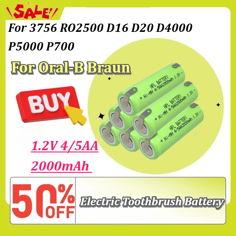 New 1.2V 2000mAh 4/5AA Ni-MH Replacement Battery for Oral-B Braun 3756 RO2500 D16 D20 D4000 P5000 P700 Electric Toothbrush
New 1.2V 2000mAh 4/5AA Ni-MH Replacement Battery for Oral-B Braun 3756 RO2500 D16 D20 D4000 P5000 P700 Electric Toothbrush