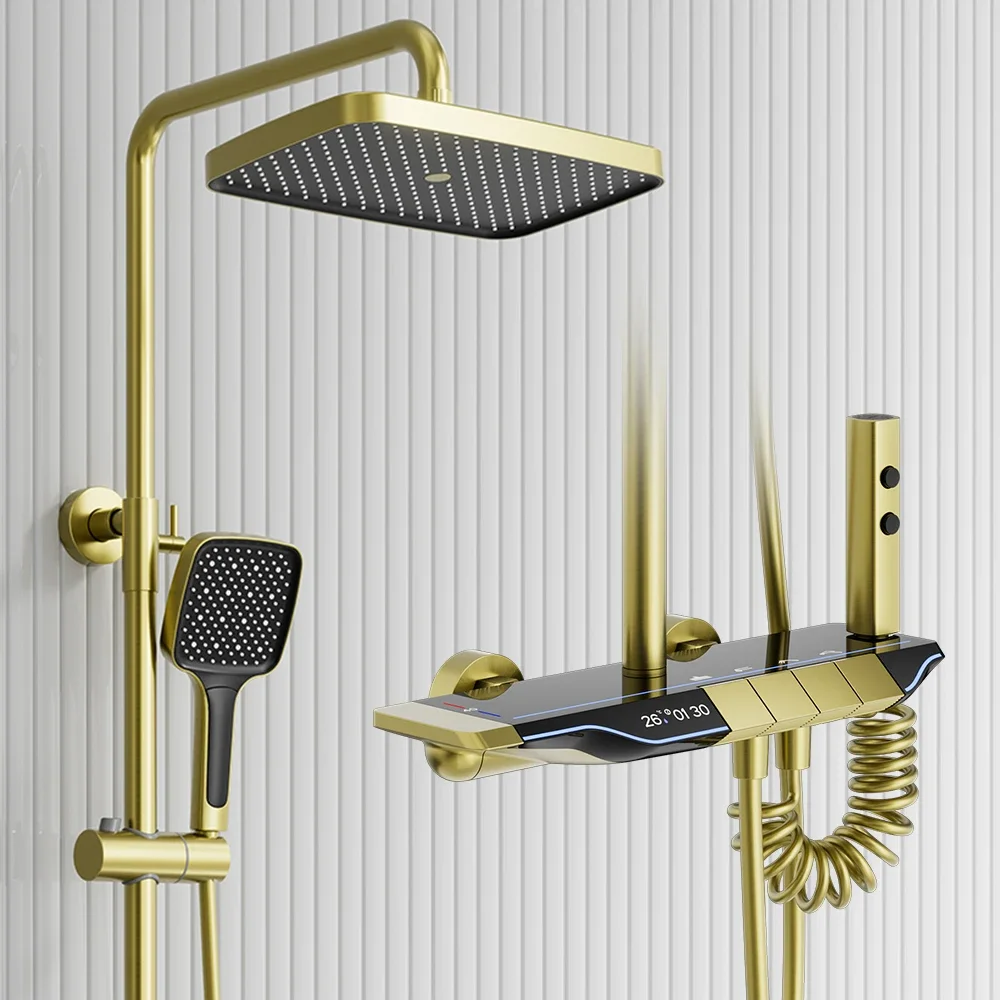 Light Luxury Brushed Gold Rainfall Shower System Multi Functions Shower Set Four Piano Key Bathroom Shower Set Factory Wholesale
Light Luxury Brushed Gold Rainfall Shower System Multi Functions Shower Set Four Piano Key Bathroom Shower Set Factory Wholesale