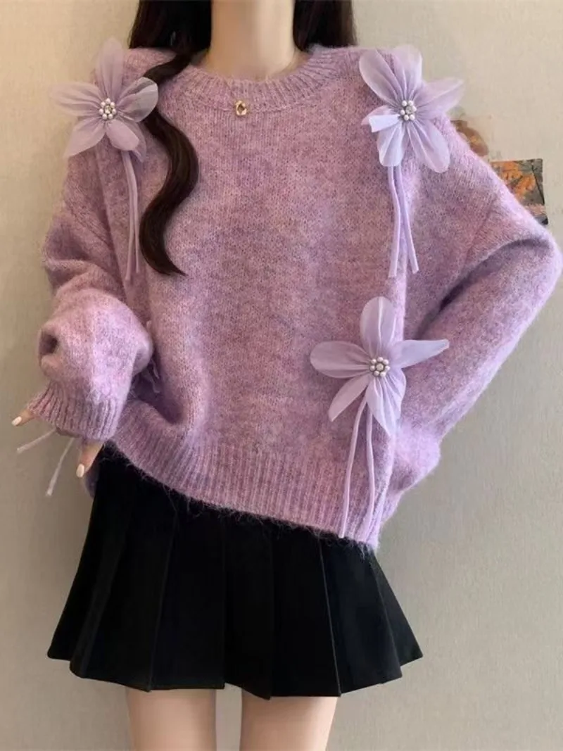 3D Nail Bead Heavy Industry Purple Sweater for Women O-neck Long Sleeve Loose Mohair Knitwear Pullovers Korean Tops Winter 2025
3D Nail Bead Heavy Industry Purple Sweater for Women O-neck Long Sleeve Loose Mohair Knitwear Pullovers Korean Tops Winter 2025