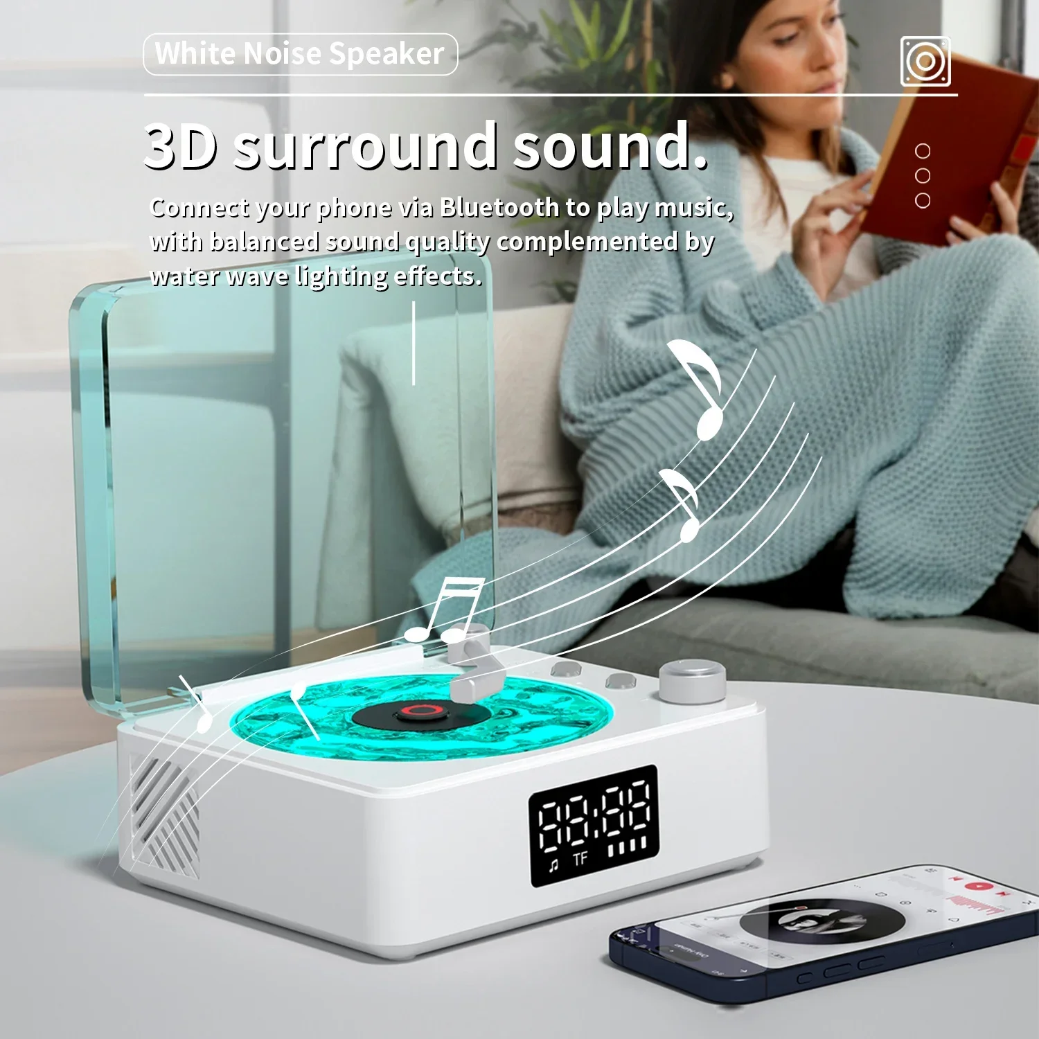 White Noise RGB Light Retro Turntable Portable Bluetooth Speaker Wireless BT5.4 Stereo Clock Speaker with Effects
White Noise RGB Light Retro Turntable Portable Bluetooth Speaker Wireless BT5.4 Stereo Clock Speaker with Effects