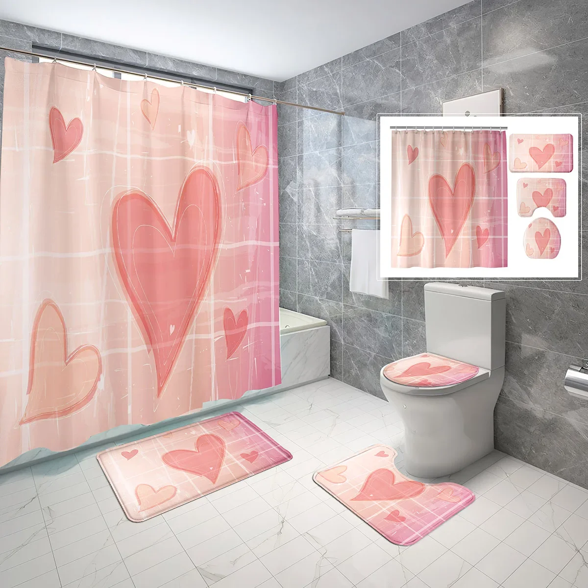 4 PCS Red Pink Heart Theme Shower Curtain Set Romantic Sweet Lovers Shower Curtain Bathroom Non-Slip Bath Mat Toilet Cover
4 PCS Red Pink Heart Theme Shower Curtain Set Romantic Sweet Lovers Shower Curtain Bathroom Non-Slip Bath Mat Toilet Cover