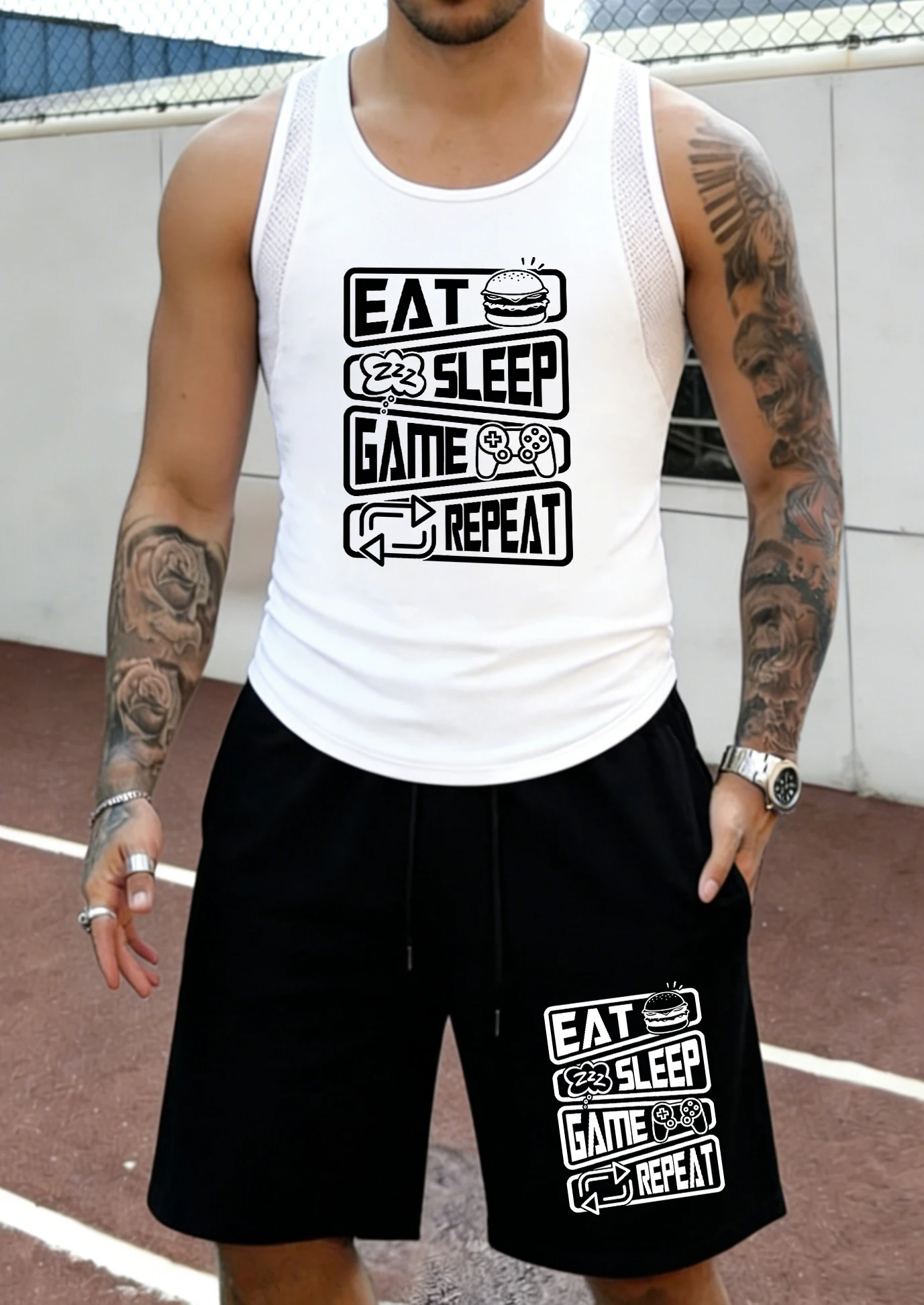 Eat Sleep Game Repeat Creative Print Men Summer Mesh Sport Vest & Shorts Cool Beach Pants Set Gym Bottom Breathable Fashion Tee
Eat Sleep Game Repeat Creative Print Men Summer Mesh Sport Vest & Shorts Cool Beach Pants Set Gym Bottom Breathable Fashion Tee