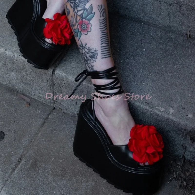 Black Red Flower Lace Up Platform Wedges Heel Sandals Women Leather Peep Toe Slingback High Heels Gothic Punk Party Club Shoes
Black Red Flower Lace Up Platform Wedges Heel Sandals Women Leather Peep Toe Slingback High Heels Gothic Punk Party Club Shoes