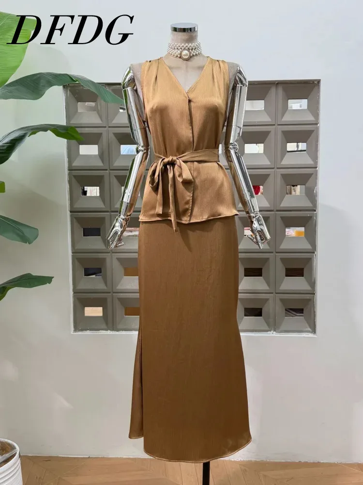 DFDG Women 2026 Spring Summer Two Piece Set Sleeveless V Neck Satin Blouse Belted Waist High Waist Mermaid Midi Skirt Formal Set
DFDG Women 2026 Spring Summer Two Piece Set Sleeveless V Neck Satin Blouse Belted Waist High Waist Mermaid Midi Skirt Formal Set