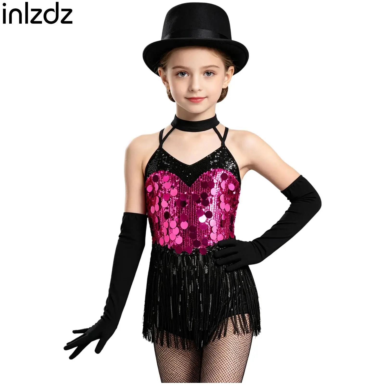 Girls Jazz Latin Dance Costume Halter Sleeveless Strappy Sequins Fringe Tassel Dress with Matching Gloves for Stage Performance
Girls Jazz Latin Dance Costume Halter Sleeveless Strappy Sequins Fringe Tassel Dress with Matching Gloves for Stage Performance