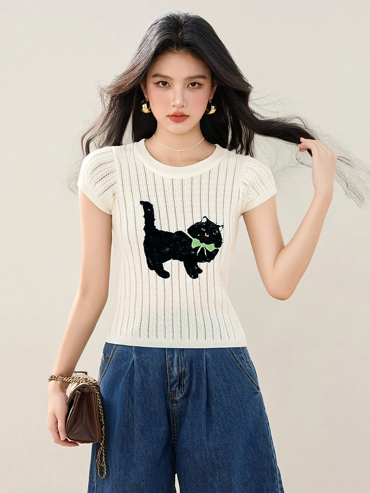 Cat Embroidery Hollow-out Short Sleeve Sweater Women's Knitted T-Shirts Summer 2025 New Vintage O-Neck Knitwear Crop Tops
Cat Embroidery Hollow-out Short Sleeve Sweater Women's Knitted T-Shirts Summer 2025 New Vintage O-Neck Knitwear Crop Tops