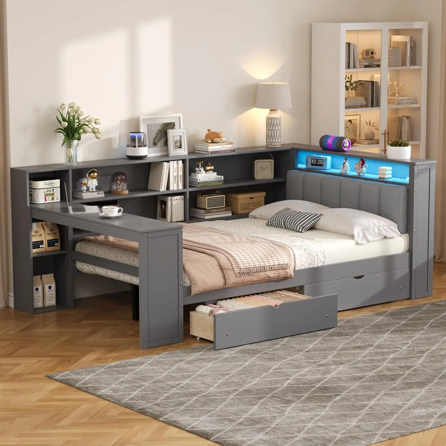 Full Corner Bed with Storage, Desk, Upholstered Headboard and LED Light, Wood Daybed Frame with Storage Drawers and, Customized
Full Corner Bed with Storage, Desk, Upholstered Headboard and LED Light, Wood Daybed Frame with Storage Drawers and, Customized