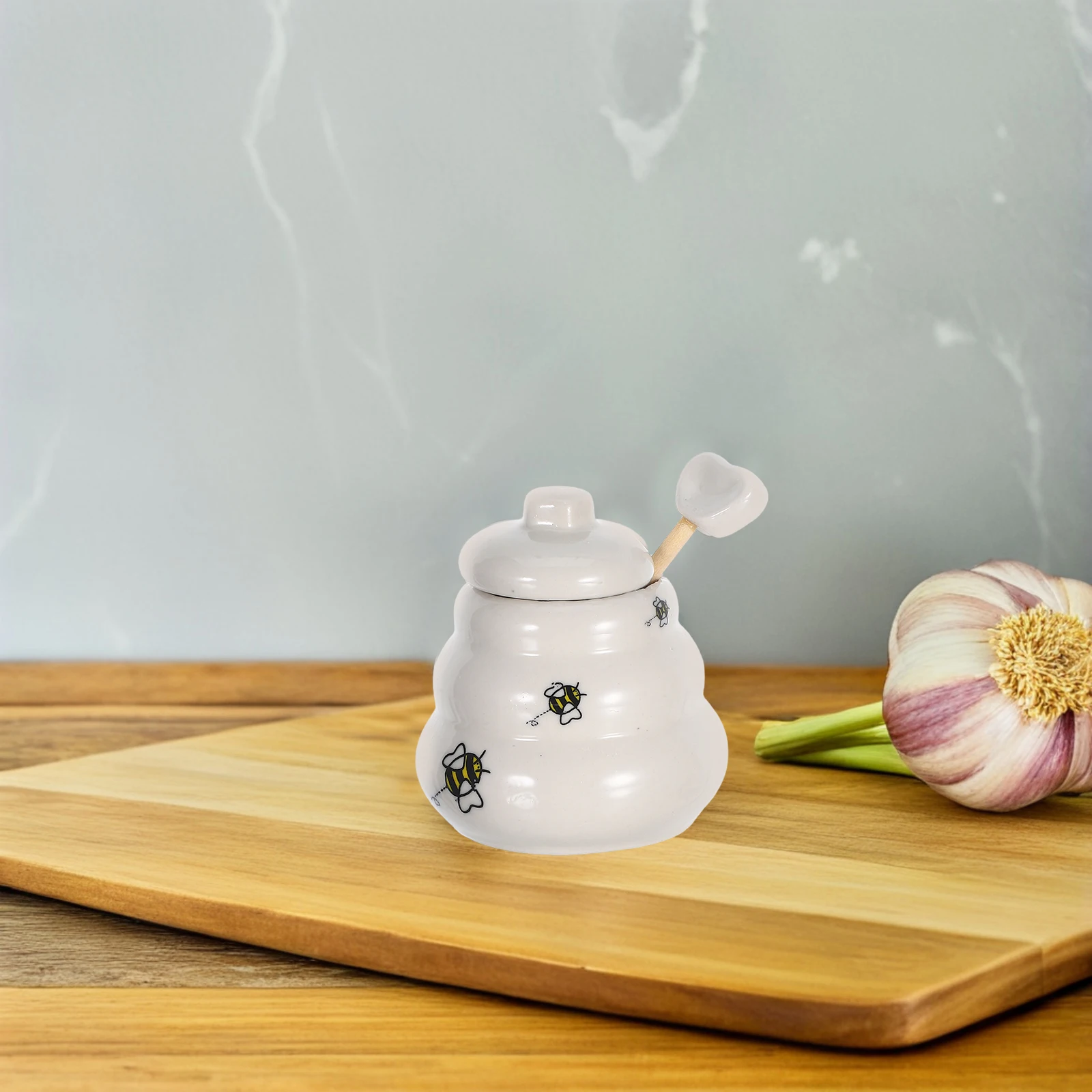 5Pcs Premium Ceramic Honey Pot Set with Lid Dipper Included Bee Motif Jar Functional Kitchen Condiment Container Decorative Use