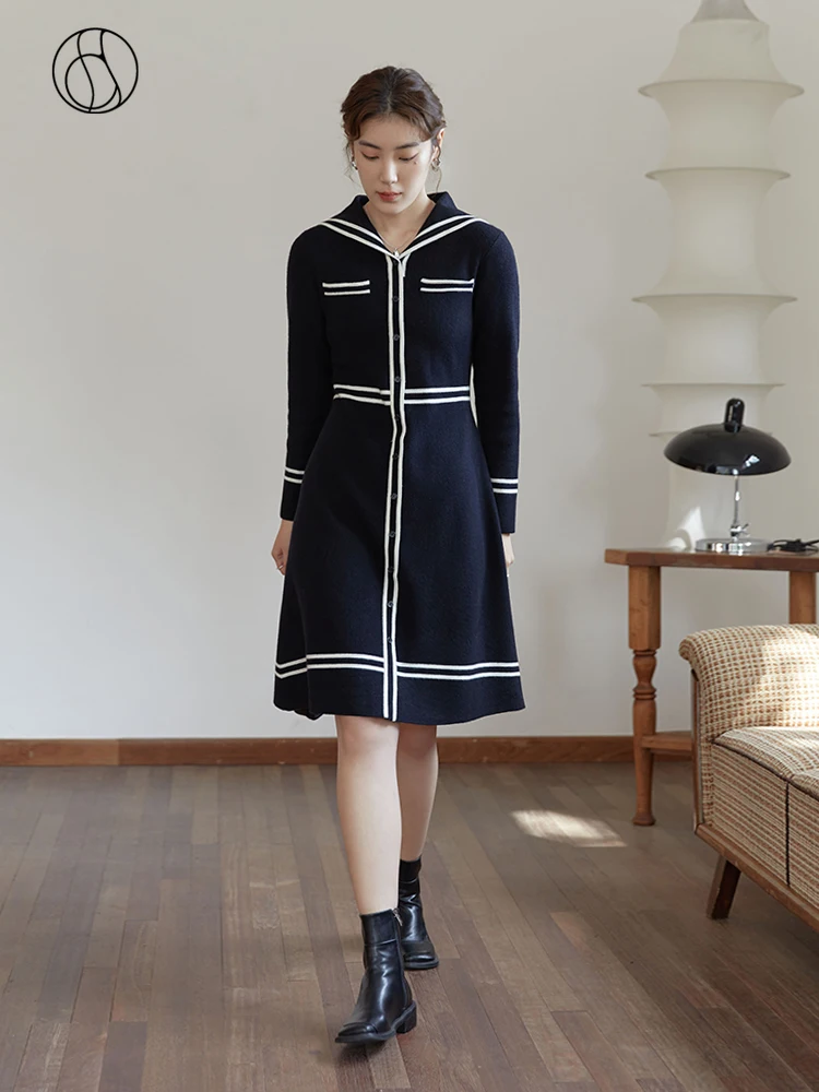 DUSHU Women's Winter Navy Collar Contrasting Knee-length Dress Waist-slimming Single-breasted Knit Skirts Women Patchwork Dress
DUSHU Women's Winter Navy Collar Contrasting Knee-length Dress Waist-slimming Single-breasted Knit Skirts Women Patchwork Dress