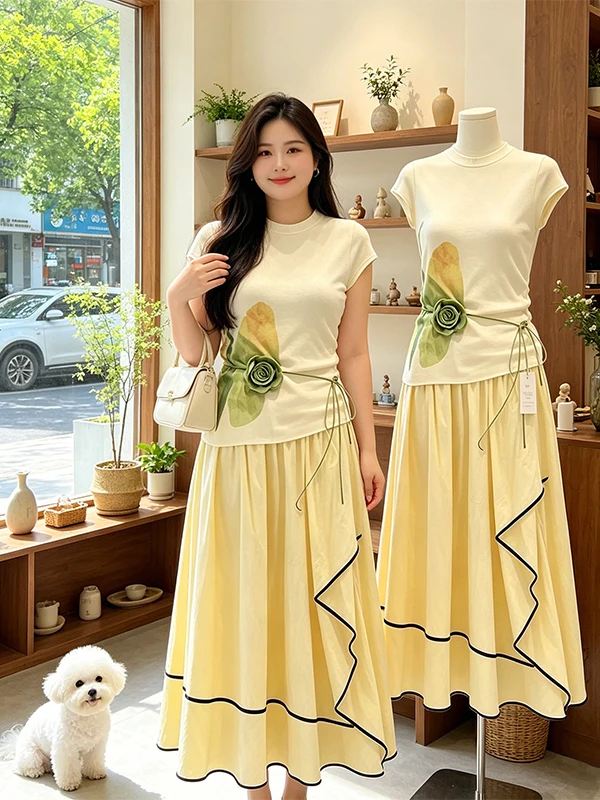 plus Size Korean Style Printed Top Skirt Set Women's Summer Slim Fit Asymmetrical Cake Skirt Two Piece Set Fashionable Commute
plus Size Korean Style Printed Top Skirt Set Women's Summer Slim Fit Asymmetrical Cake Skirt Two Piece Set Fashionable Commute