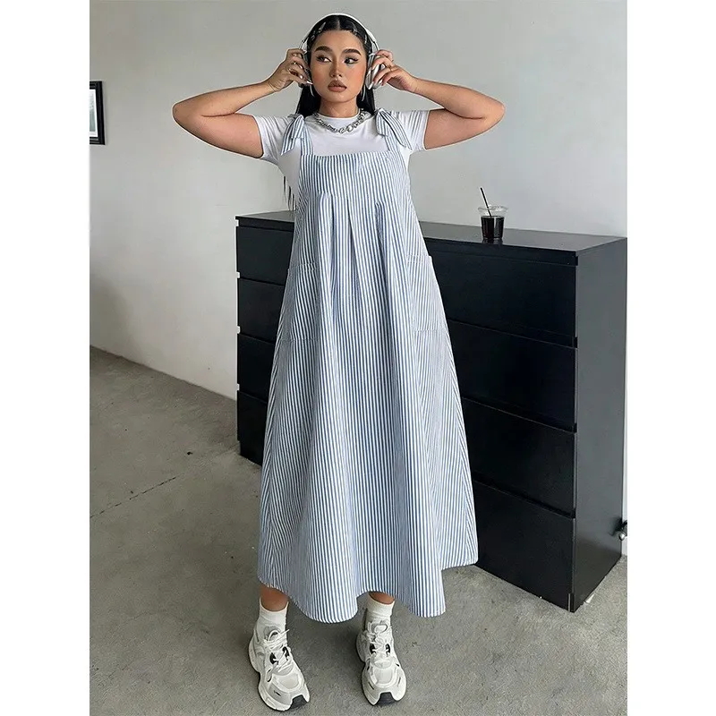 Summer Dress Women's Loose Fit Sleeveless Round Neck Dresses Striped Tie Shoulder Maxi Dress Blue White Striped Sundress
Summer Dress Women's Loose Fit Sleeveless Round Neck Dresses Striped Tie Shoulder Maxi Dress Blue White Striped Sundress