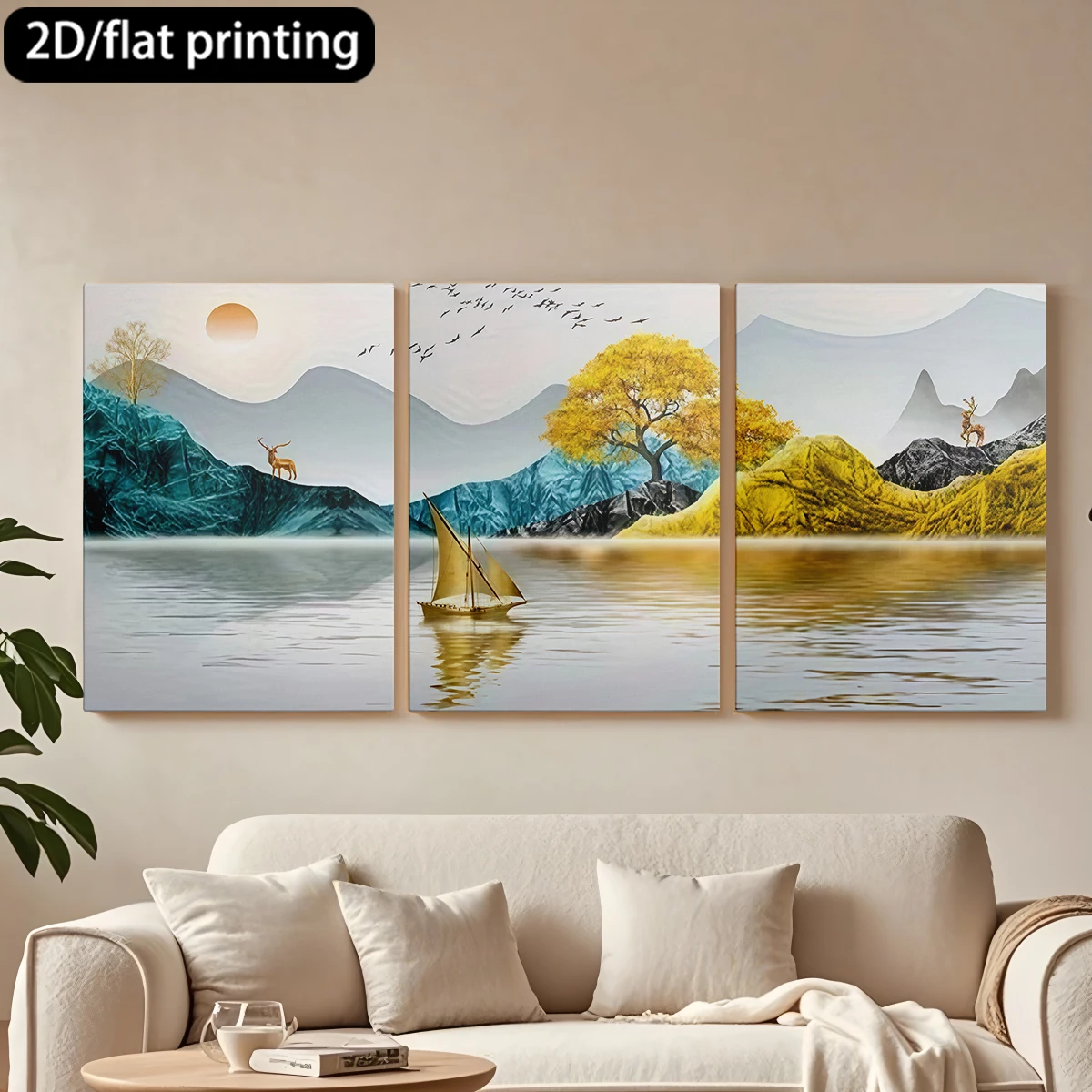 2D flat printing 3pc wooden frame canvas decorative painting Sailboat, golden trees, deer, sun.Corridor bedroom decoration
2D flat printing 3pc wooden frame canvas decorative painting Sailboat, golden trees, deer, sun.Corridor bedroom decoration