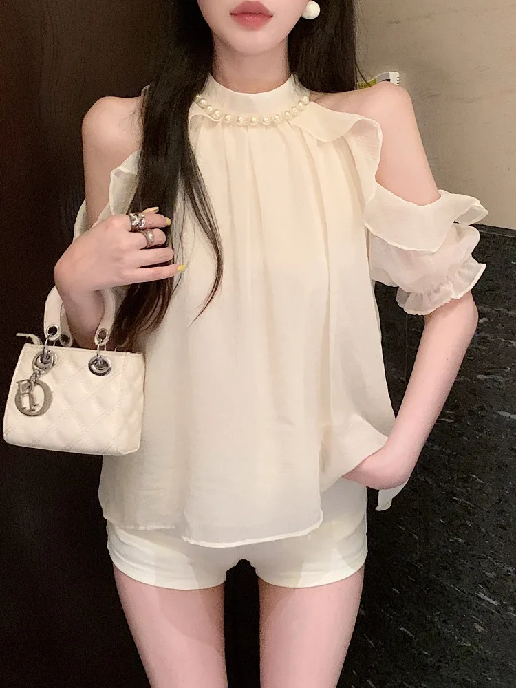 Elegant Off-Shoulder Chiffon Top with Heavy Pearl Necklaces for Women Summer New Loose Casual Beautiful Shirt Sweet Style
Elegant Off-Shoulder Chiffon Top with Heavy Pearl Necklaces for Women Summer New Loose Casual Beautiful Shirt Sweet Style