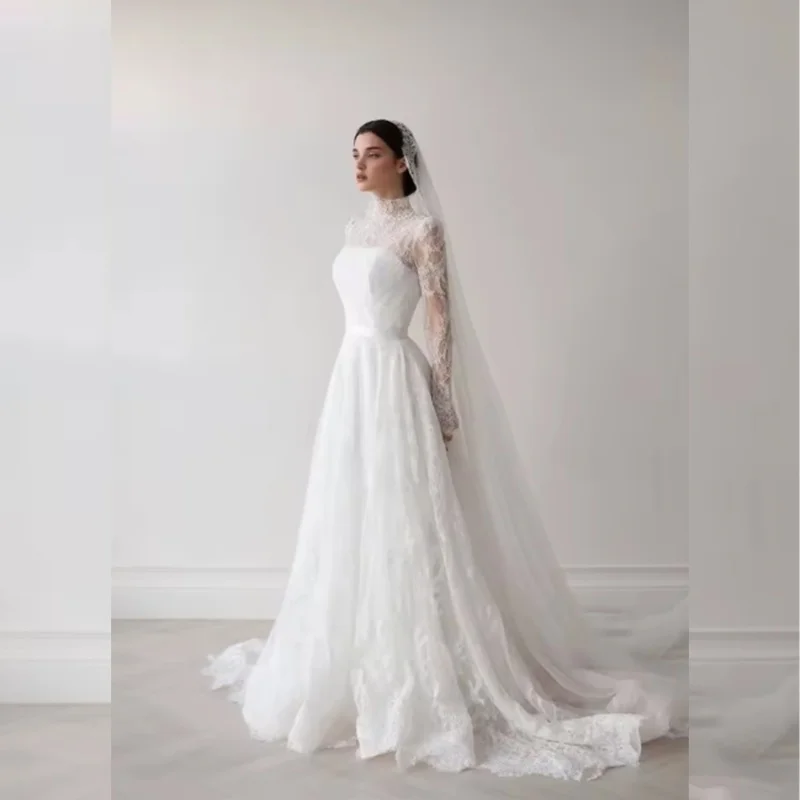 Muslim Wedding Dresses for women with Lace Long Sleeve High Neck A-Line Sweep Train Bridal Gown Customized vestidos de novia
Muslim Wedding Dresses for women with Lace Long Sleeve High Neck A-Line Sweep Train Bridal Gown Customized vestidos de novia