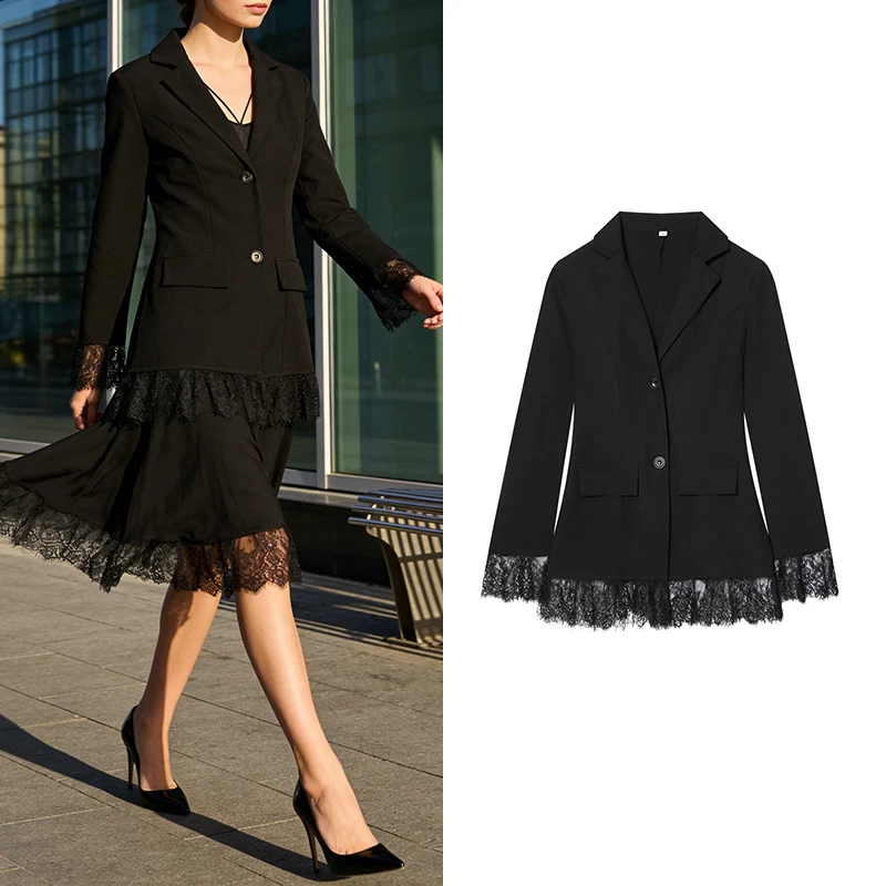 Женский черный блейзер с кружевным подолом — однобортный деловой пиджак с длинными рукавами, стильный офисный топ для женщин
Женский черный блейзер с кружевным подолом — однобортный деловой пиджак с длинными рукавами, стильный офисный топ для женщин