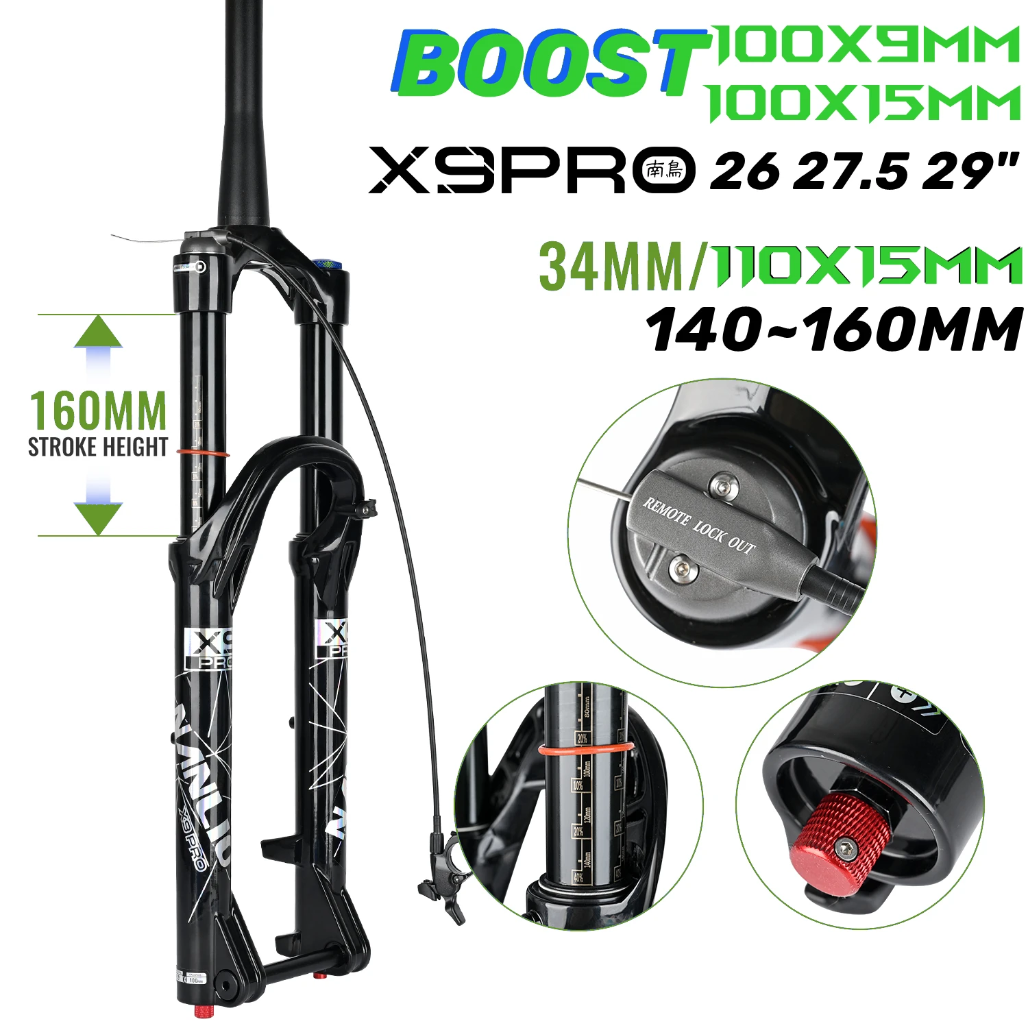 Nanlio X9 PRO MTB Suspension Fork, 34mm Stanchions, 140/160mm Travel, 27.5/29", Air Fork with Rebound Damping & Lockout
Nanlio X9 PRO MTB Suspension Fork, 34mm Stanchions, 140/160mm Travel, 27.5/29", Air Fork with Rebound Damping & Lockout