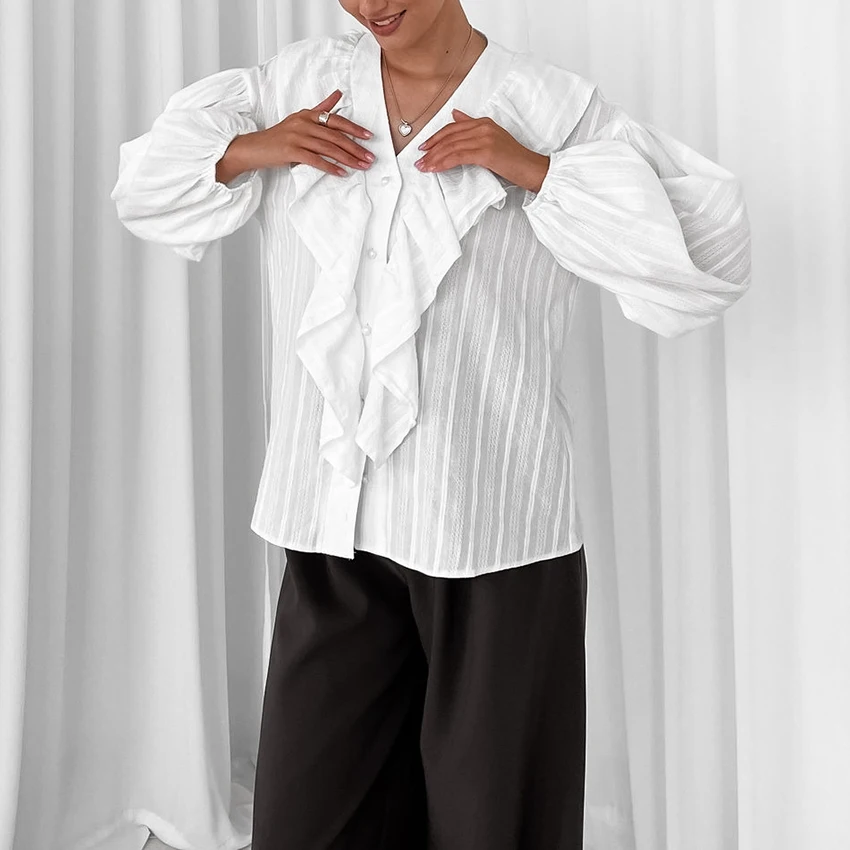 Linad Solid Color Pure Cotton Summer Shirts White Striped Ruffles Blouse Fitted Jacquard Weave Overshirt Single-Breasted Tops
Linad Solid Color Pure Cotton Summer Shirts White Striped Ruffles Blouse Fitted Jacquard Weave Overshirt Single-Breasted Tops