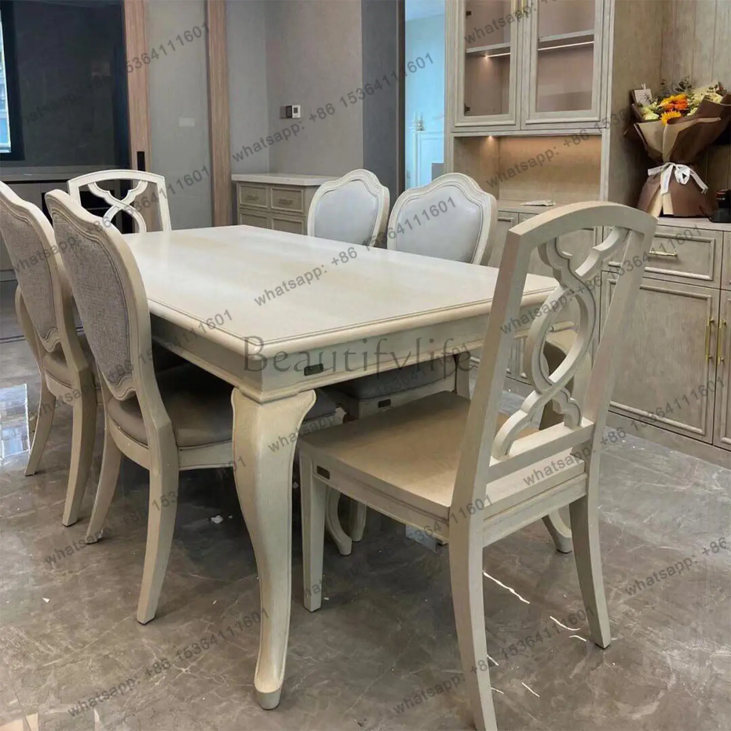 Американский деревенский обеденный стол из массива дерева серии Queen, прямоугольный, в стиле французского ретро, со стульями.
Американский деревенский обеденный стол из массива дерева серии Queen, прямоугольный, в стиле французского ретро, со стульями.