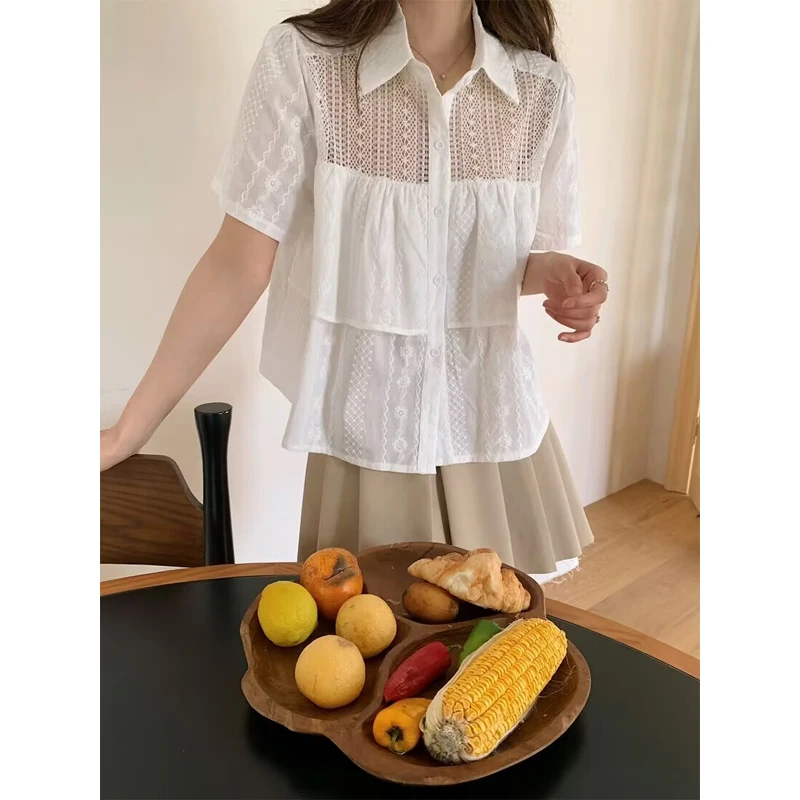 Korean Style Lace Embroidery Hollow out Short Sleeve Shirt Women's Patchwork Bordered Breathable Summer New Fashion Top
Korean Style Lace Embroidery Hollow out Short Sleeve Shirt Women's Patchwork Bordered Breathable Summer New Fashion Top