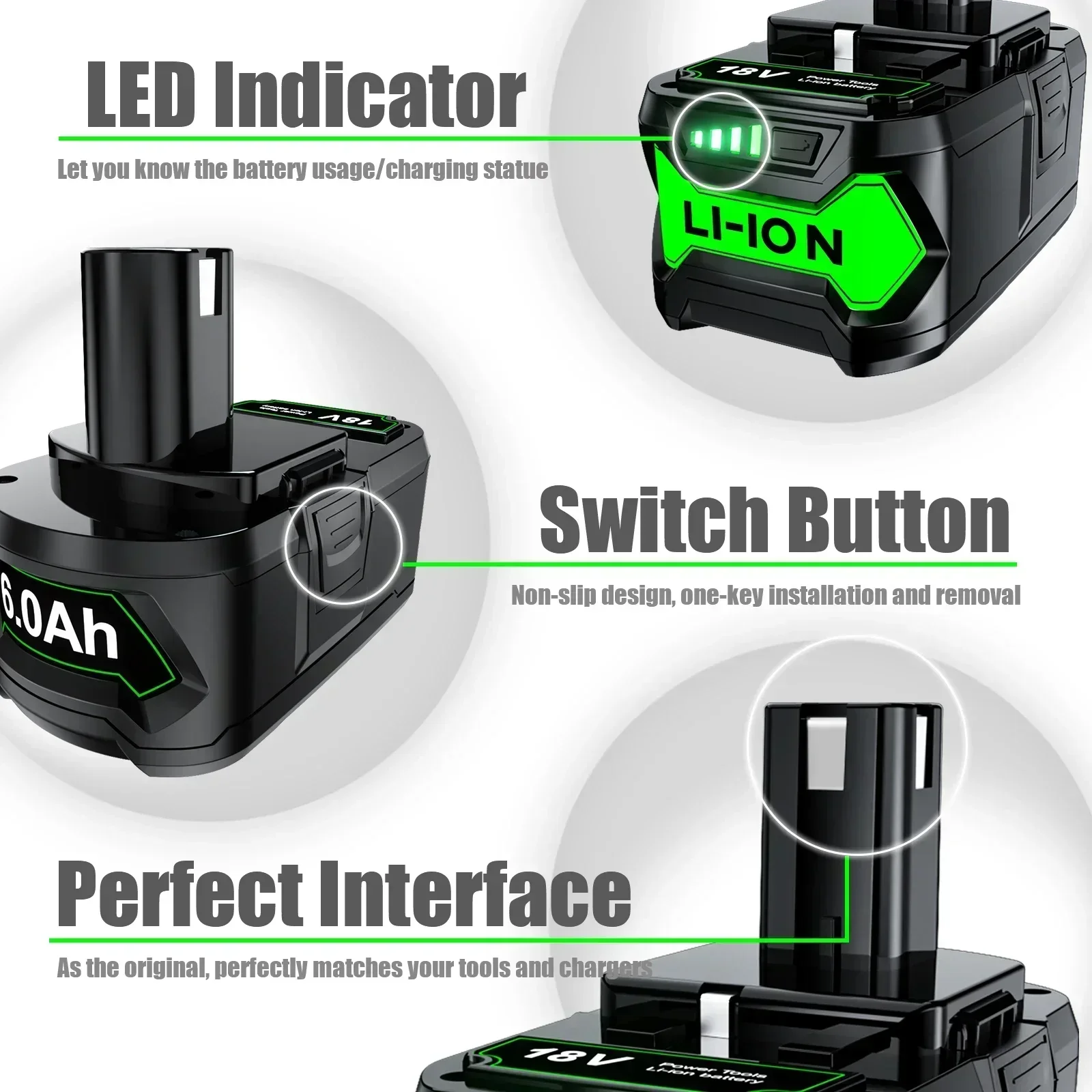 NEW 6Ah For RYOBI 18V Battery P108 18V One+ Plus Battery 18 Volt Lithium-Ion Power Tools P104 P107 RB18L50 RB18L20 P108
NEW 6Ah For RYOBI 18V Battery P108 18V One+ Plus Battery 18 Volt Lithium-Ion Power Tools P104 P107 RB18L50 RB18L20 P108