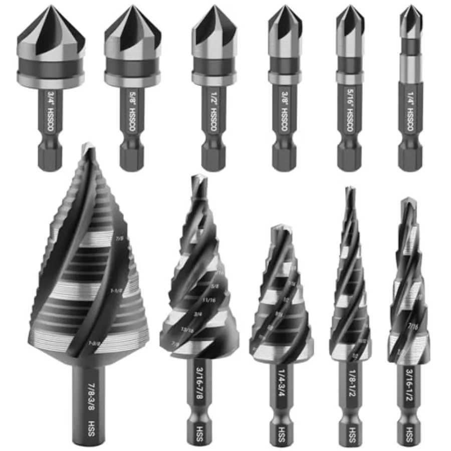 5 Pcs Four Spiral Flute Step Drill Bit Set and 6 Pcs Countersink Drill Bits with Tool Box Nitriding HSS Drill Bits for Metal Al
5 Pcs Four Spiral Flute Step Drill Bit Set and 6 Pcs Countersink Drill Bits with Tool Box Nitriding HSS Drill Bits for Metal Al