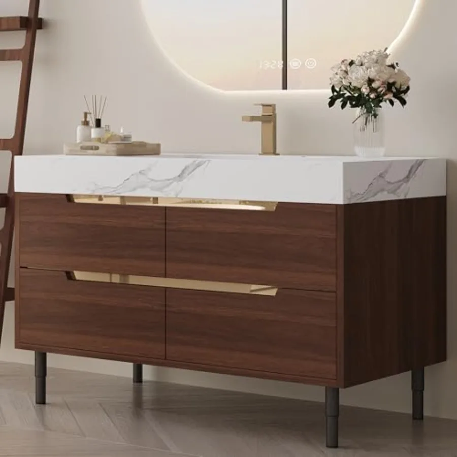 36 Bathroom Vanity with Ceramic Sink Sintered Stone Top Solid Wood Walnut Cabinet with 4 Soft-Close Drawers Wall Mounted or Fre
36 Bathroom Vanity with Ceramic Sink Sintered Stone Top Solid Wood Walnut Cabinet with 4 Soft-Close Drawers Wall Mounted or Fre