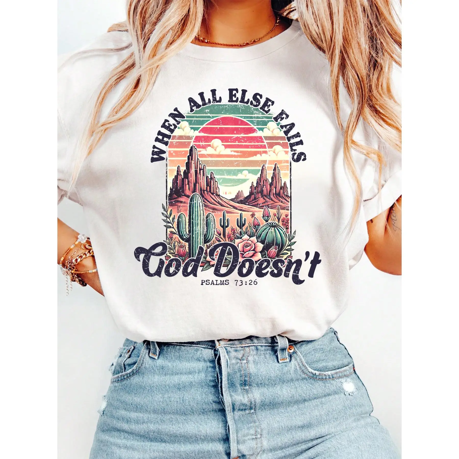 When All Else Fails God Doesn't T-shirt Women's Christian Faith Tee Retro Desert Graphic Tops Bible Verse Gifts
When All Else Fails God Doesn't T-shirt Women's Christian Faith Tee Retro Desert Graphic Tops Bible Verse Gifts