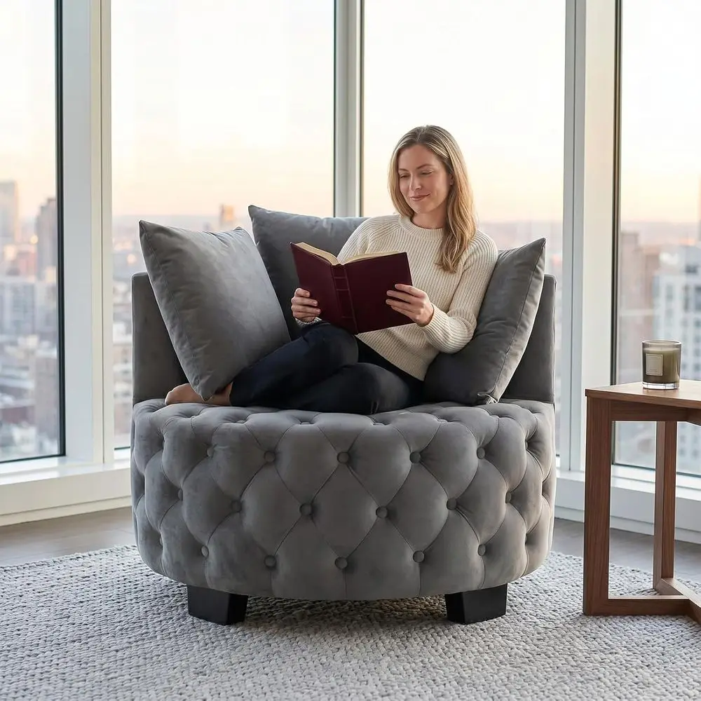 Gray Velvet Upholstered Barrel Chair with 3 Pillows, Modern Lounge Club Chair for Living Room or Bedroom
Gray Velvet Upholstered Barrel Chair with 3 Pillows, Modern Lounge Club Chair for Living Room or Bedroom