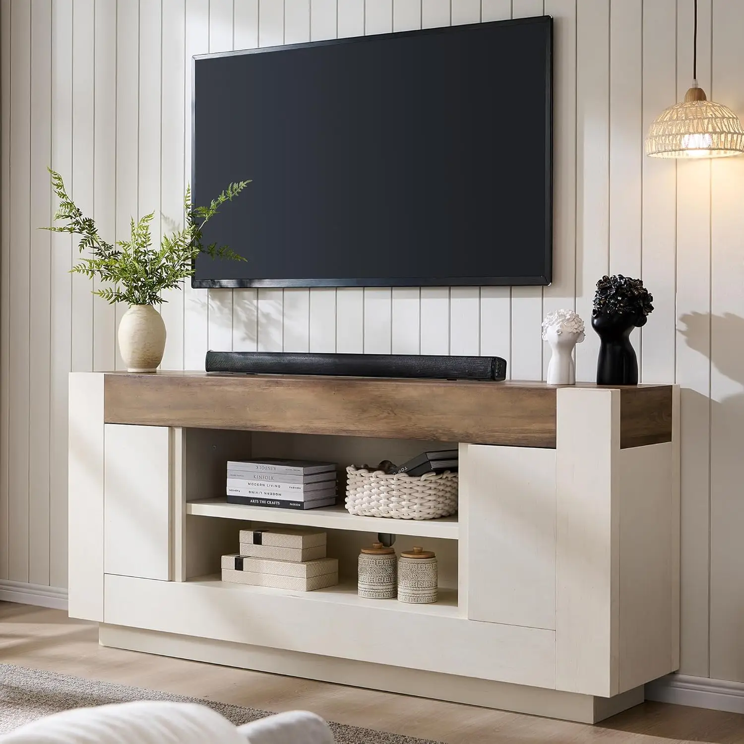 Modern 70" TV Stand, Entertainment Center for TVs Up to 80", Media Console with Large Open Storage & Side Cabinets
Modern 70" TV Stand, Entertainment Center for TVs Up to 80", Media Console with Large Open Storage & Side Cabinets