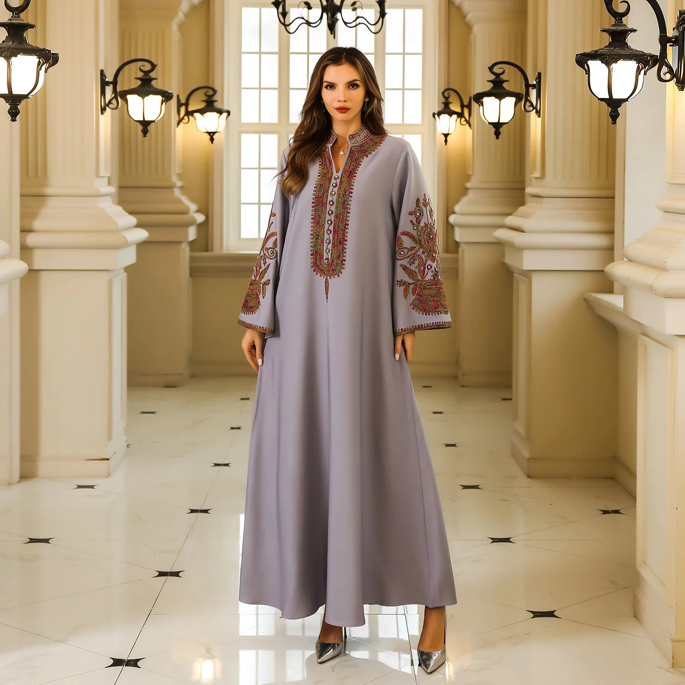Geometric-Pattern Embroidered Abaya for Women, Polyester Long-Length H-Line Contour, Loose Fit, Non-Stretch Fabric, with Long R
Geometric-Pattern Embroidered Abaya for Women, Polyester Long-Length H-Line Contour, Loose Fit, Non-Stretch Fabric, with Long R