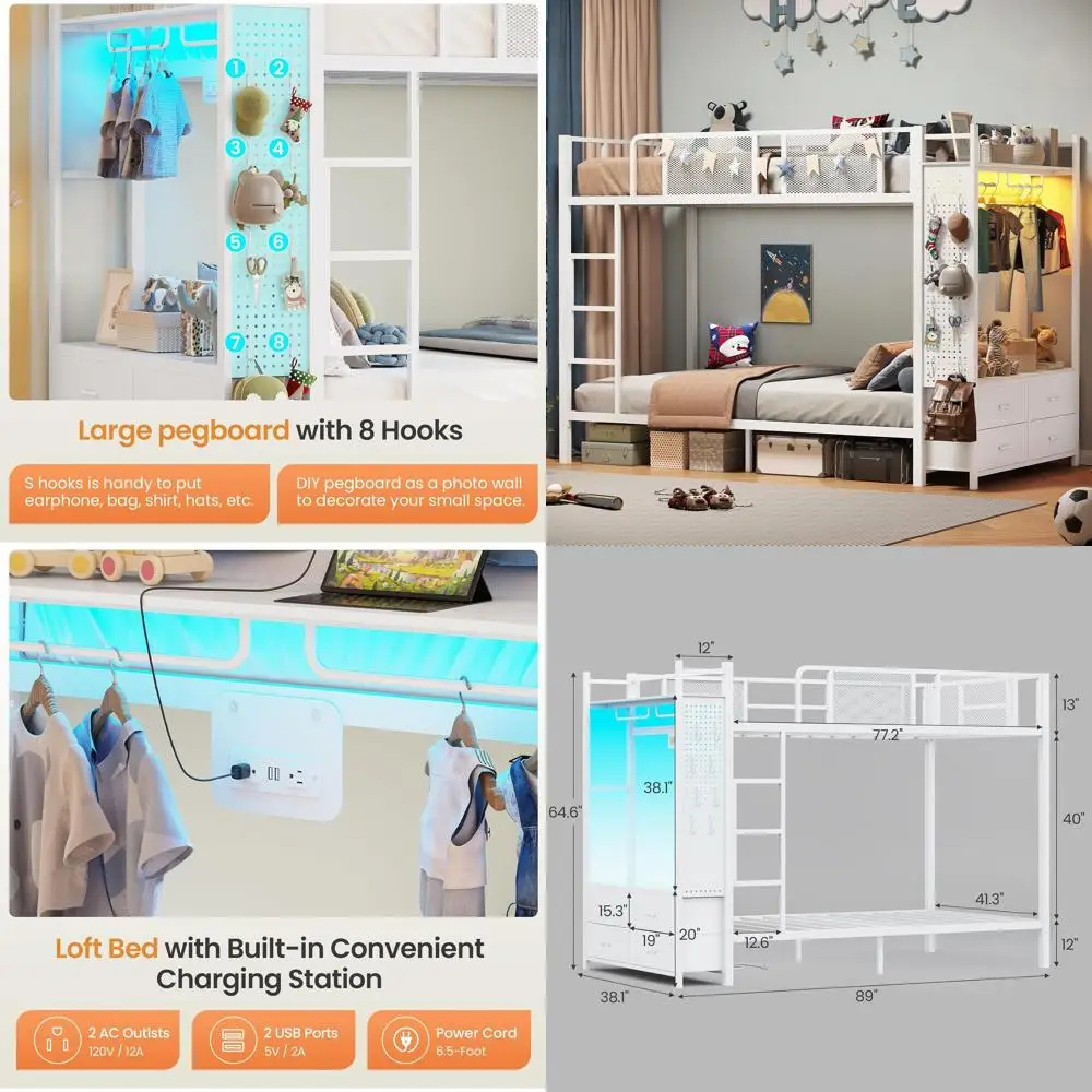 Twin Over Twin Metal Bunk Bed with Hall Tree, Power Outlet, LED Lights, 4 Drawers Storage, 13 Guardrail, 400lb Capacity, White
Twin Over Twin Metal Bunk Bed with Hall Tree, Power Outlet, LED Lights, 4 Drawers Storage, 13 Guardrail, 400lb Capacity, White