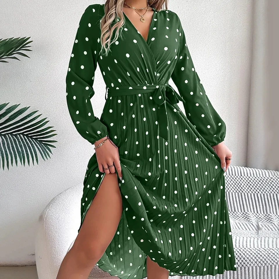 Spring New Dress Ladies Temperament Polka Dot Lace Up Waist Long Sleeved Pleated Dresses for Women V Neck Boho Vacation Sundress
Spring New Dress Ladies Temperament Polka Dot Lace Up Waist Long Sleeved Pleated Dresses for Women V Neck Boho Vacation Sundress