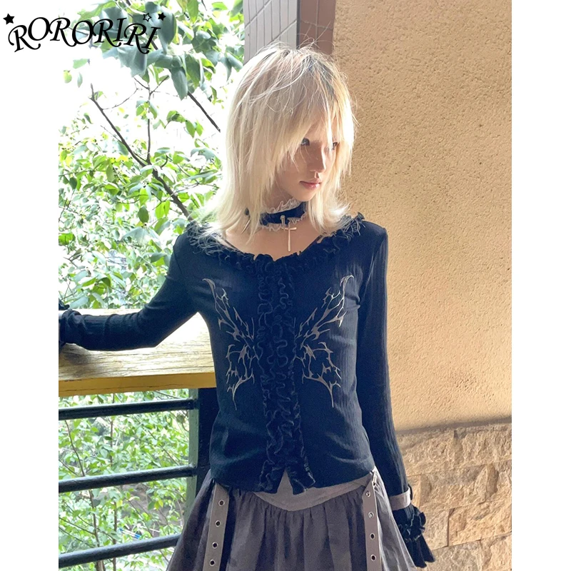 RORORIRI Punk Butterfly Embroidered Frilly Sweater Women Long Sleeves Frill Trim Stretch Knit Jumper Top Gothic Retro Streetwear 
RORORIRI Punk Butterfly Embroidered Frilly Sweater Women Long Sleeves Frill Trim Stretch Knit Jumper Top Gothic Retro Streetwear