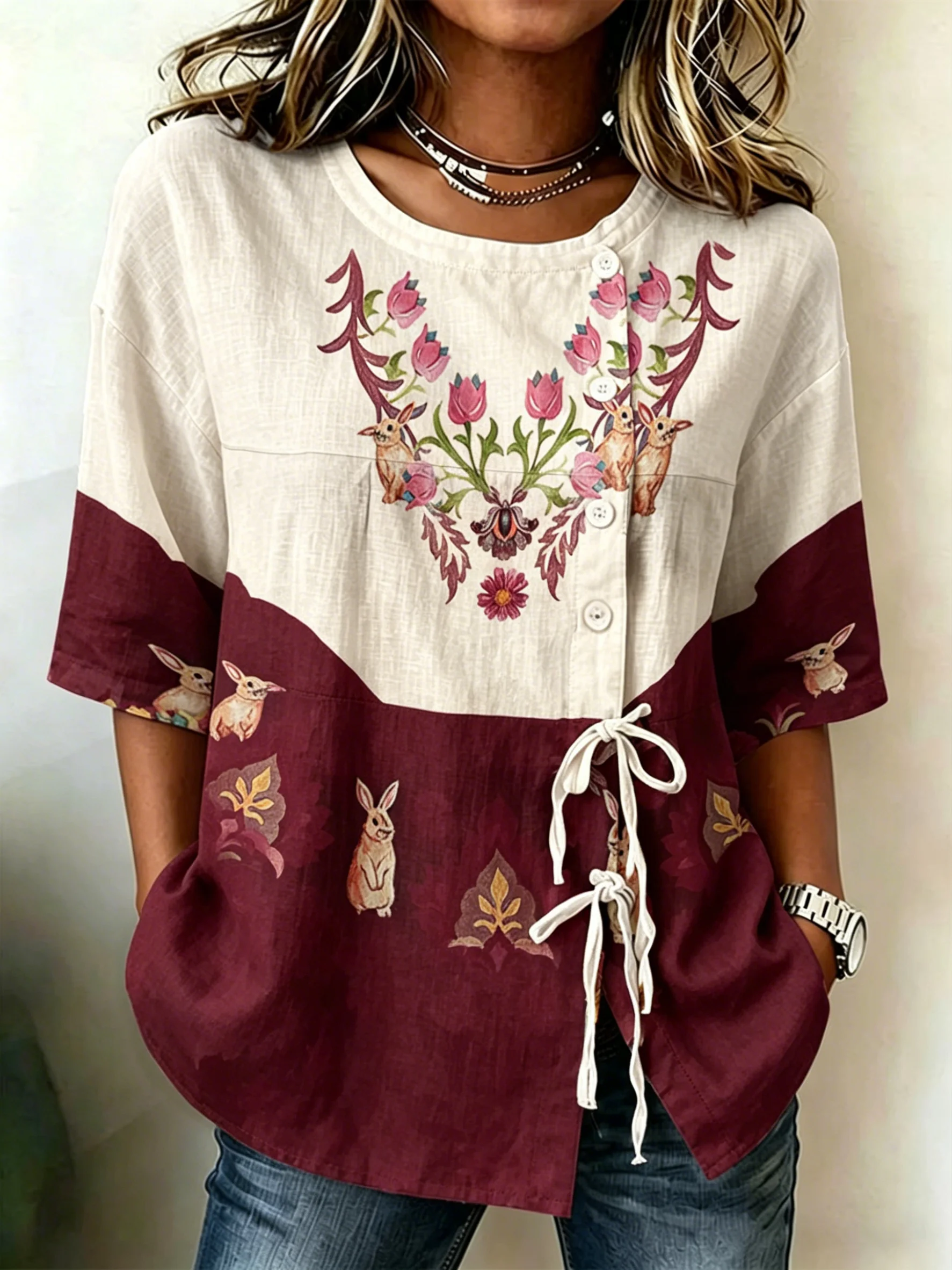 Women's Spring Summer Drawstring Blouse, Cute Rabbit & Floral Print Casual Tops for Daily Street Holiday Dating & Leisure Outfit
Women's Spring Summer Drawstring Blouse, Cute Rabbit & Floral Print Casual Tops for Daily Street Holiday Dating & Leisure Outfit