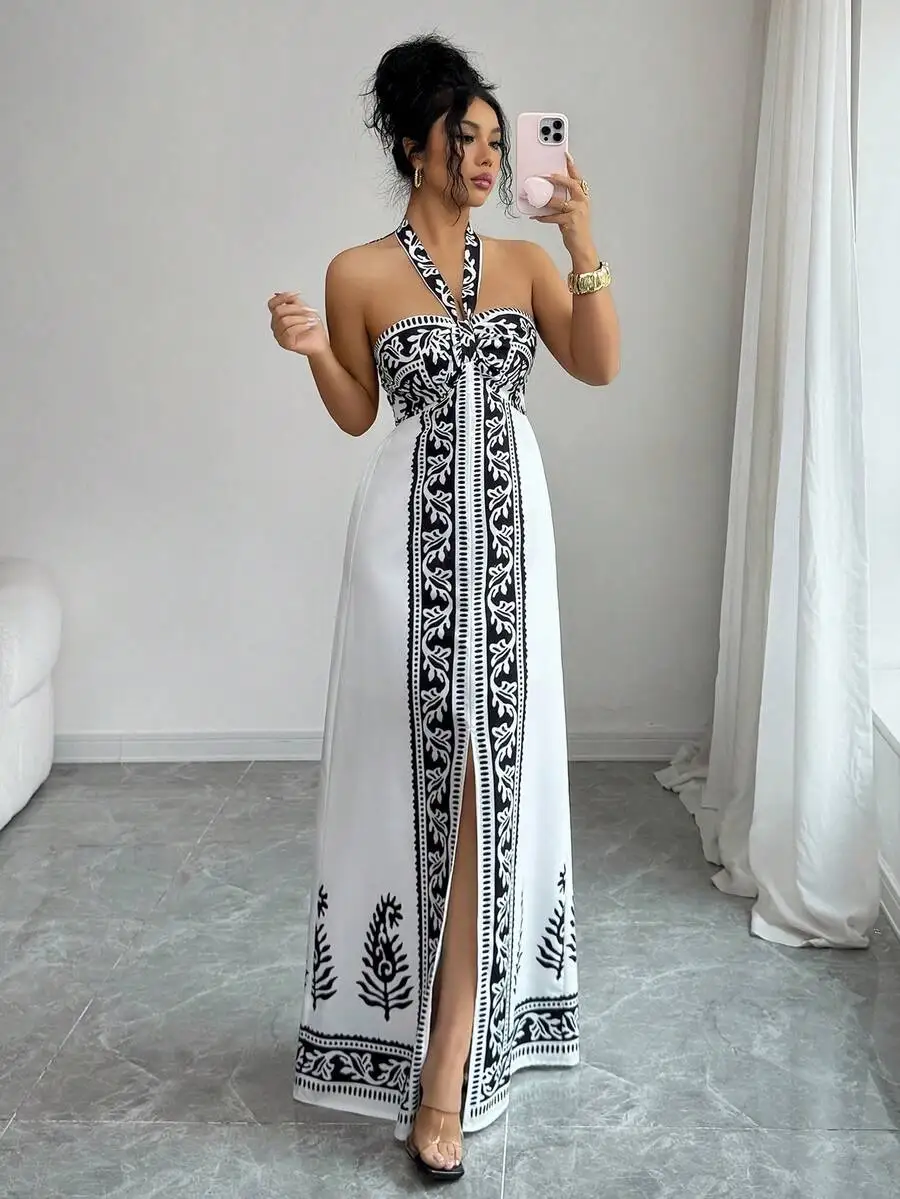 Womens Halter Neck Maxi Dress With Black White Print, Flowy Vacation Dress For Summer
Womens Halter Neck Maxi Dress With Black White Print, Flowy Vacation Dress For Summer