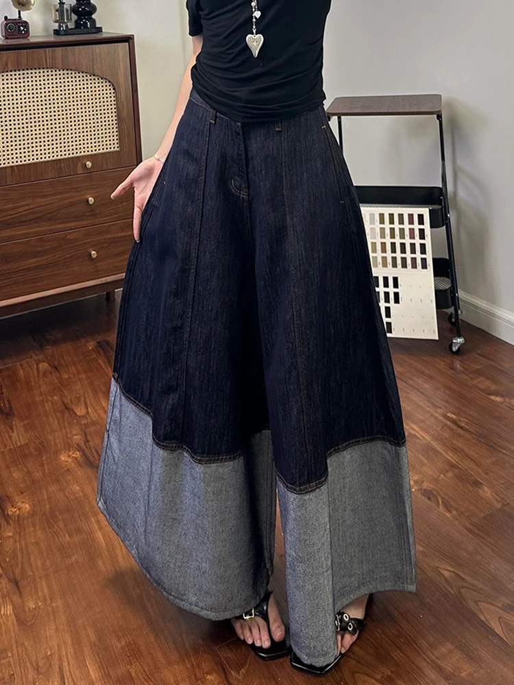 Retro American Fashion Design Spliced Jeans Women Summer Thin Loose Silhouette Wide Leg Skirt Pants Natural Waist Pure Color
Retro American Fashion Design Spliced Jeans Women Summer Thin Loose Silhouette Wide Leg Skirt Pants Natural Waist Pure Color