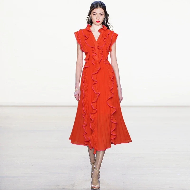 2023 New Fashion Runway Summer Women V-neck Chiffon Elegant Ruffles Solid Pleated Midi Party Dress
2023 New Fashion Runway Summer Women V-neck Chiffon Elegant Ruffles Solid Pleated Midi Party Dress