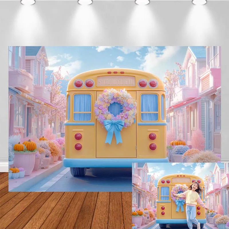 LS School Themed Photography Backdrop Pink Street Bus Flower Wreath Decor Birthday Party kids Adult Portrait Photo Background
LS School Themed Photography Backdrop Pink Street Bus Flower Wreath Decor Birthday Party kids Adult Portrait Photo Background