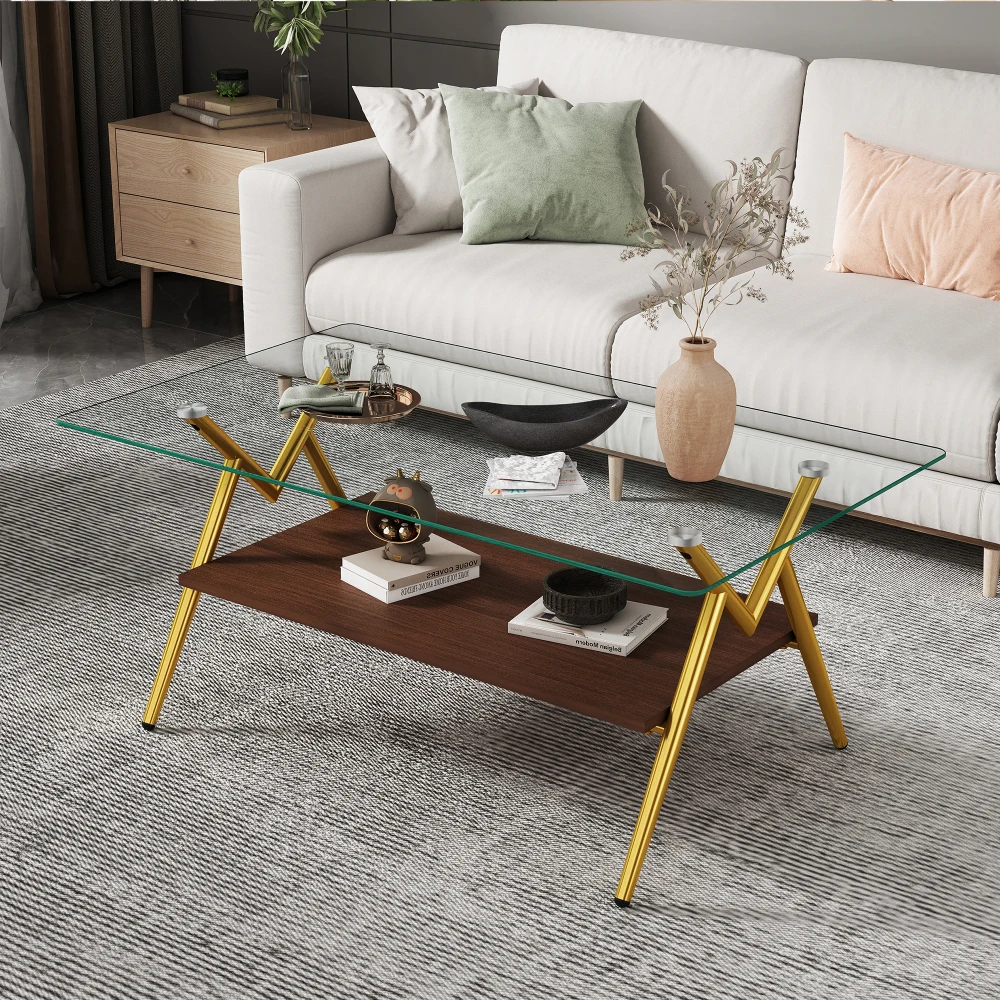 Rectangle Coffee Table with Tempered Glass Top and Golden Metal Legs, Modern Table for Living Room Transparent Glass
Rectangle Coffee Table with Tempered Glass Top and Golden Metal Legs, Modern Table for Living Room Transparent Glass