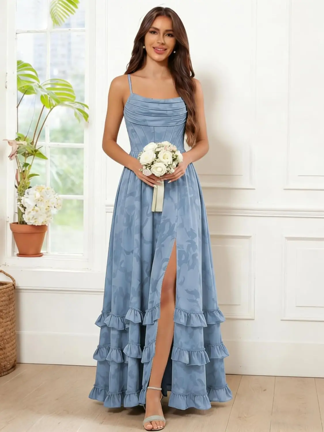 Floral Bridesmaid Dresses Long Ruffles Tiered Spaghetti Strap Prom Dress with Slit Evening Elegant Dress Women for Wedding Party
Floral Bridesmaid Dresses Long Ruffles Tiered Spaghetti Strap Prom Dress with Slit Evening Elegant Dress Women for Wedding Party