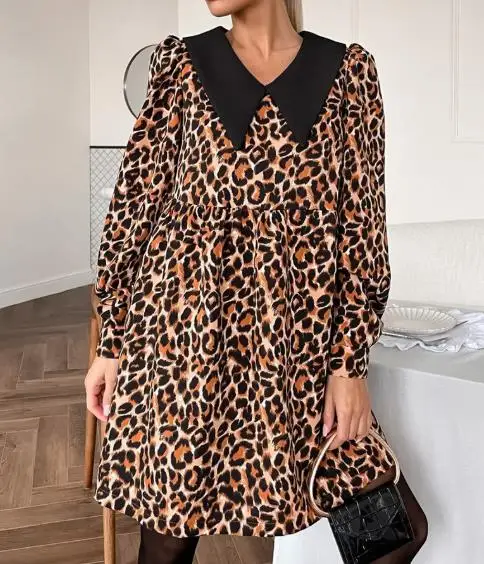 Leopard Print Patchwork Dress for Summer Women's Fashionable Loose Solid Color Lapel Design Patchwork A-Line Long Sleeved Dress
Leopard Print Patchwork Dress for Summer Women's Fashionable Loose Solid Color Lapel Design Patchwork A-Line Long Sleeved Dress