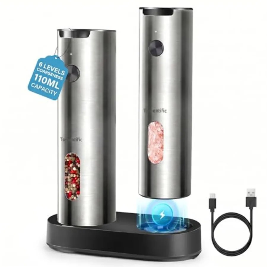 Electric Salt and Pepper Grinder Set with Rechargeable Base - Upgraded Large Capacity Refillable Pepper Mill Set with LED Light
Electric Salt and Pepper Grinder Set with Rechargeable Base - Upgraded Large Capacity Refillable Pepper Mill Set with LED Light