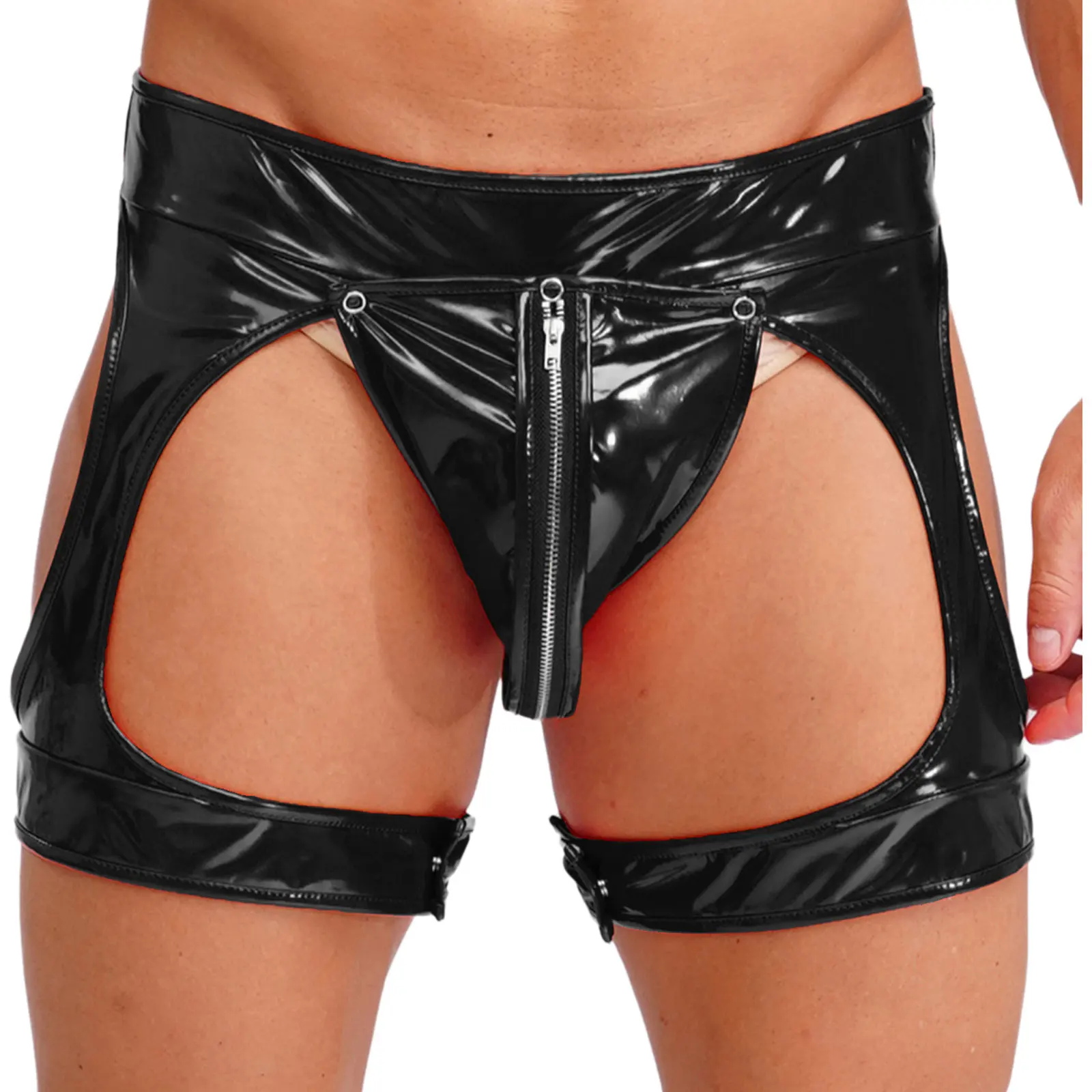 Men Sexy Faux Leather Briefs Removable Bulge Pouch Underwear Zipper Thongs with Legs Bands Underwear Pole Dance Nightclub Wear 
Men Sexy Faux Leather Briefs Removable Bulge Pouch Underwear Zipper Thongs with Legs Bands Underwear Pole Dance Nightclub Wear
