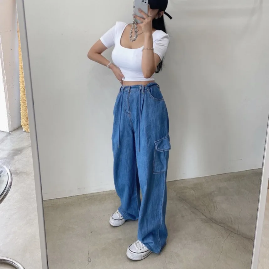 High Waist Casual Denim Long Pants Double Pocket Loose Feeling Wide Leg Jeans Blue Cotton 100% No Stretch Comfortable Fit
High Waist Casual Denim Long Pants Double Pocket Loose Feeling Wide Leg Jeans Blue Cotton 100% No Stretch Comfortable Fit