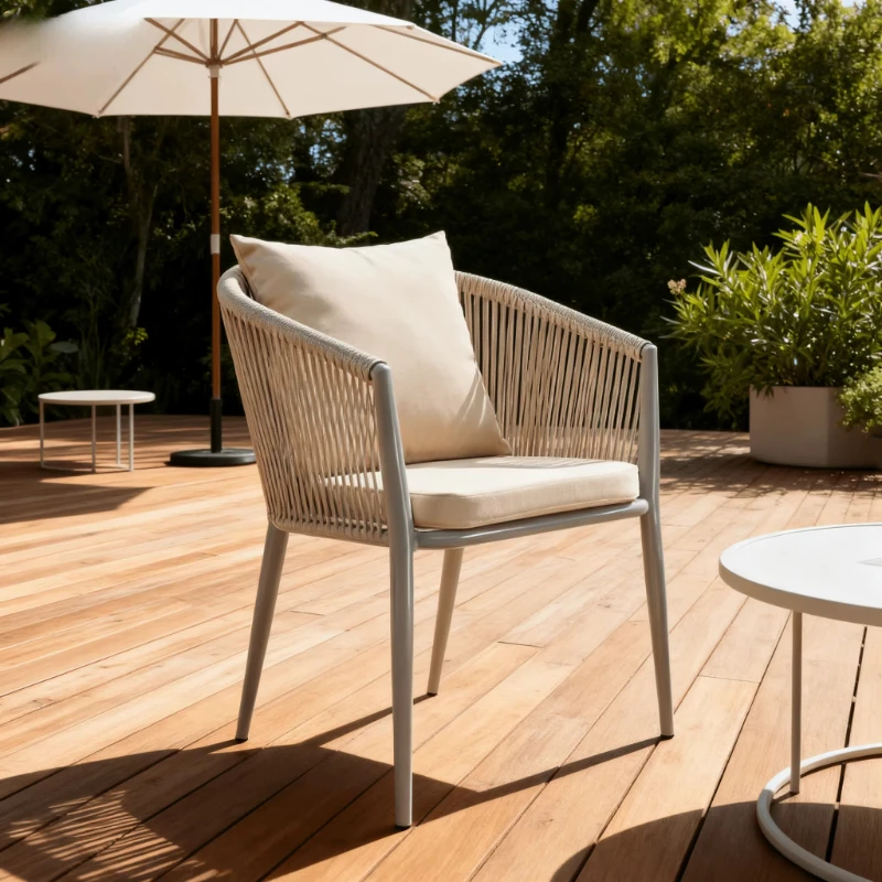 Modern and durable outdoor dining chair with aluminum frame and round rattan
Modern and durable outdoor dining chair with aluminum frame and round rattan