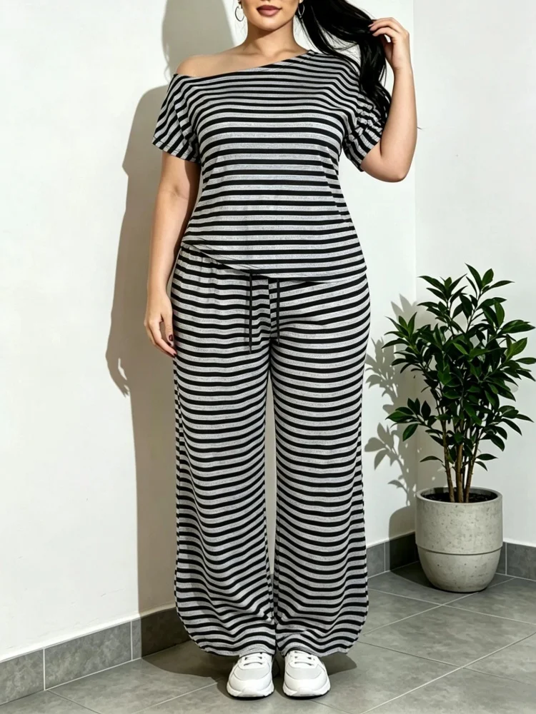 Wmstar Plus Size Two Piece Sets Women Wholesale Grey Black Striped Off Shoulder Short Sleeved Wide Leg Pants Set Casual Outfit
Wmstar Plus Size Two Piece Sets Women Wholesale Grey Black Striped Off Shoulder Short Sleeved Wide Leg Pants Set Casual Outfit
