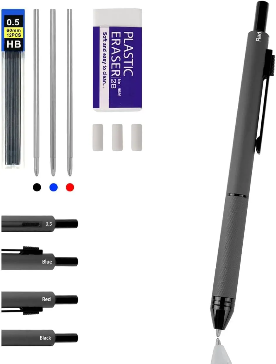 4 in 1 Multi-Color Pen: Black, Red, Blue Ballpoint & 0.5mm Pencil, Retractable, Refillable, Grey
4 in 1 Multi-Color Pen: Black, Red, Blue Ballpoint & 0.5mm Pencil, Retractable, Refillable, Grey