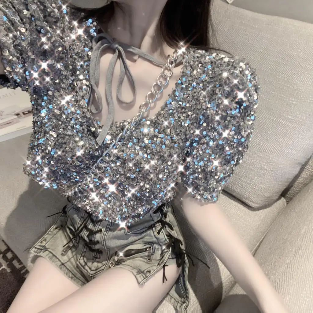 Club Full Sequined Silver Short Puff Sleeve Crop Top Sexy Square Collar Shiny T shirt Loose Sweet Korean Women Clothing Summer
Club Full Sequined Silver Short Puff Sleeve Crop Top Sexy Square Collar Shiny T shirt Loose Sweet Korean Women Clothing Summer