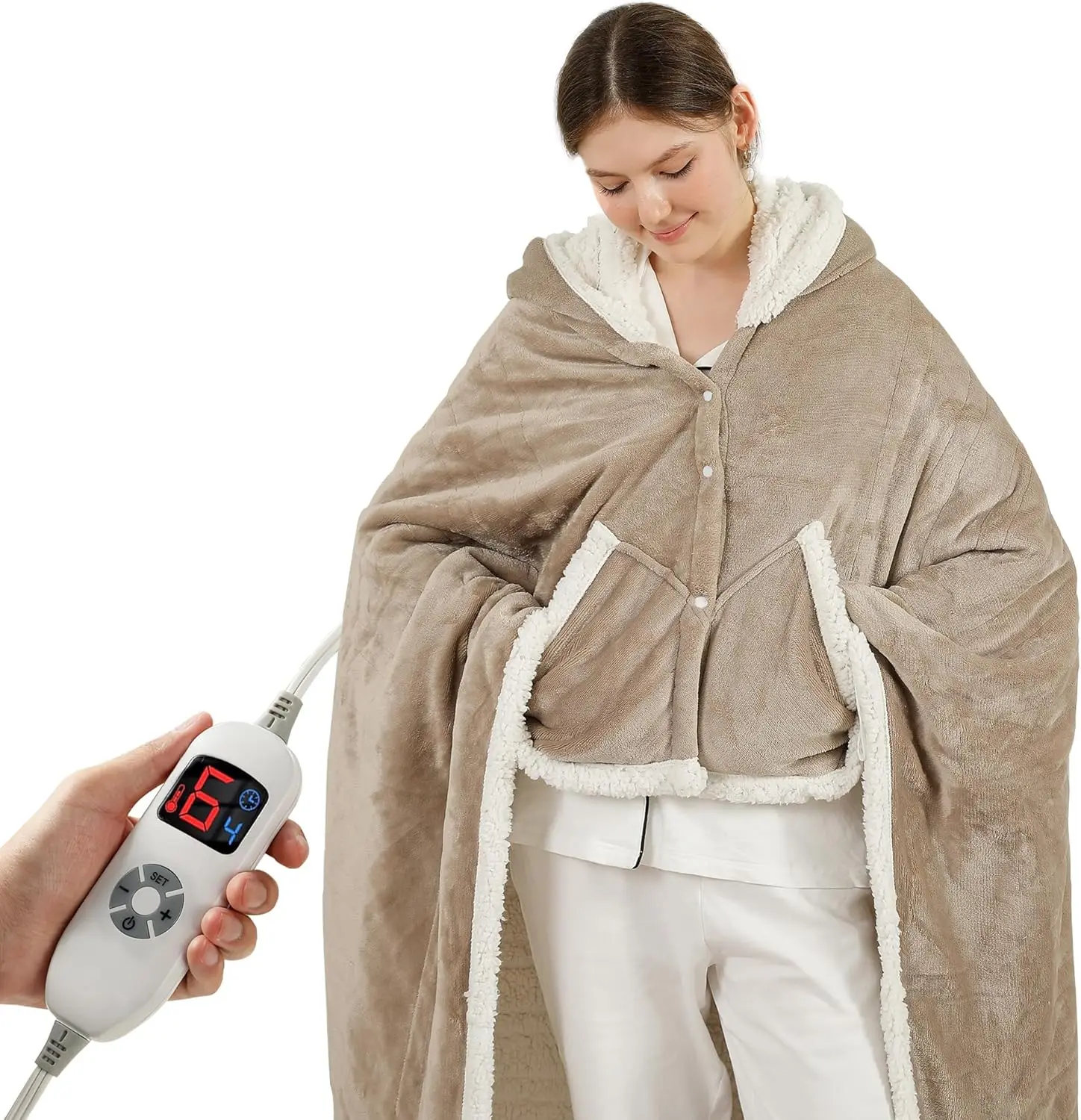 Electric Heated Wearable Blanket with 6 Heat Levels, Auto Shut-Off, Hood & Pockets for Women & Seniors, Light Beige
Electric Heated Wearable Blanket with 6 Heat Levels, Auto Shut-Off, Hood & Pockets for Women & Seniors, Light Beige